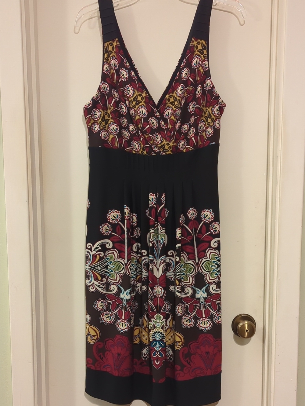 London Times Black Midi Dress with Burgundy, Gold and Teal Floral Pattern
